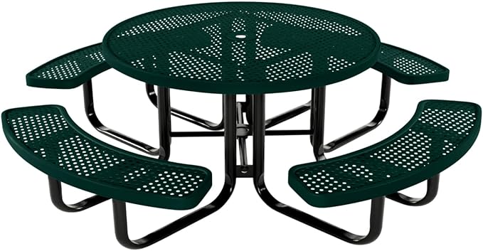 COATEDOUTDOORFURNITURE Heavy-Duty Portable Outdoor Kids Table with Umbrella Hole, Punched Steel Kids Picnic Table, Commercial-Grade, Made in America (46 in, Round, Childrens, Dark Green)
