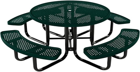 COATEDOUTDOORFURNITURE Heavy-Duty Portable Outdoor Kids Table with Umbrella Hole, Punched Steel Kids Picnic Table, Commercial-Grade, Made in America (46 in, Round, Childrens, Dark Green)