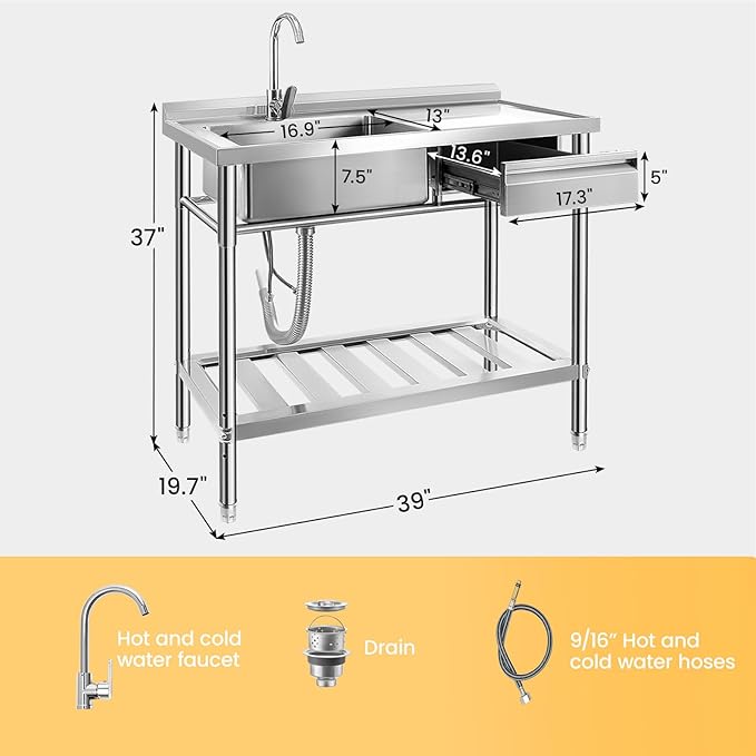 Stainless Steel Utility Sink, 39'' Free Standing Single Bowl Kitchen Sink with Cold and Hot Water Pipe, Right Drawer, Indoor and Outdoor for Laundry Room Farmhouse Kitchen(39 inch)