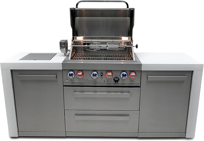 Mont Alpi MAi400-D 4-Burner 78000 BTU Deluxe Stainless Steel Outdoor Kitchen Island Gas Grill + Infrared Side & Rear Burners + Rotisserie Kit + Storage Cabinets + Granite Countertops + Grill Cover