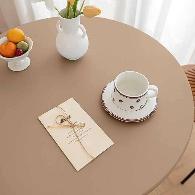 Round Fitted PU Tablecloth with High Elastic Edge 59 Inch Dia Waterproof Oil Proof Table Cloth Anti-scald Stain-Resistant Wipeable Table Cover for Indoor Outdoor Picnic (Cream Coffee,59"Dia)