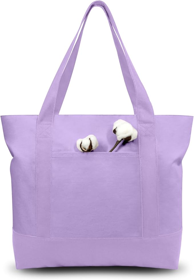TOPDesign 6-Pack Canvas Tote Bags with an External Pocket, Reusable Grocery Shopping Bags, Top Zipper Closure, Daily Essentials (Lavender)