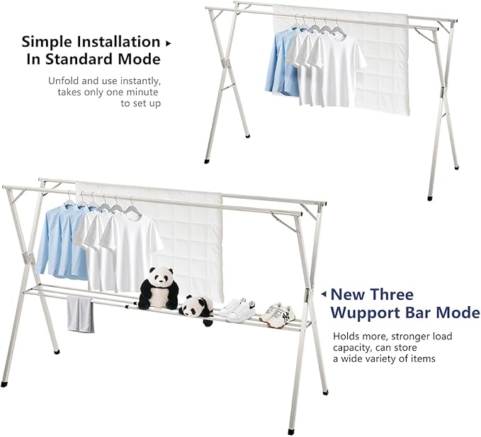 79 inches Foldable Clothes Drying Rack, Heavy Duty Stainless Steel Laundry Drying Rack for Indoor Outdoor, Clothes Rack Adjustable Length. 3 Additional Reinforcement Bars with 20 Windproof Hooks