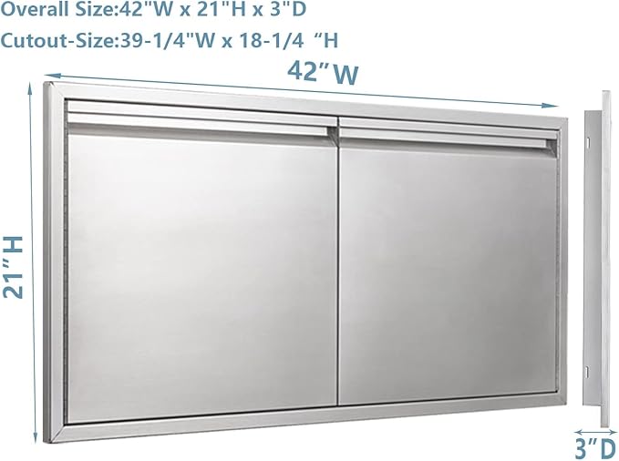Outdoor Kitchen Door 42" W x 21" H inch Stainless Steel BBQ Double Door Flush Mount for Outdoor Kitchen Island（Double Wall Door Panel ）