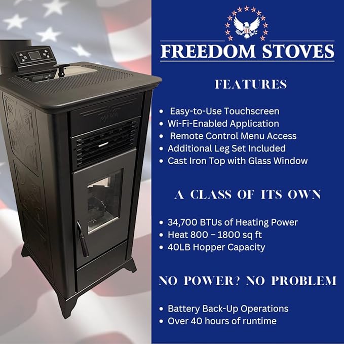 Freedom Stoves Freestanding Independence PS21 Pellet Stove: 34,700 BTUs, Battery Backup, Wi-Fi Control, Heats up to 1800 sq ft, Black Vintage Edition
