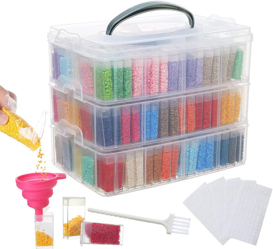 Douorgan 3-Tier Diamond Painting Storage Containers Portable Bead Organizer and Storage Box Stackable Arts & Crafts Organizers for Nail Charms Seed, 240 Rectangular, Funnel, Stickers