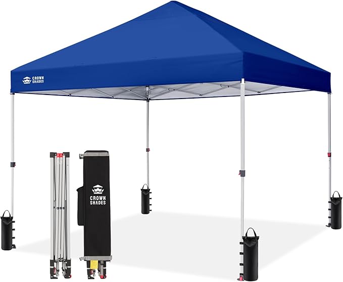 CROWN SHADES 8x8 Pop Up Canopy, Patented Center Lock One Push Instant Popup Outdoor Canopy Tent, Newly Designed Storage Bag, 8 Stakes, 4 Ropes, Silver-Coated Navy Blue