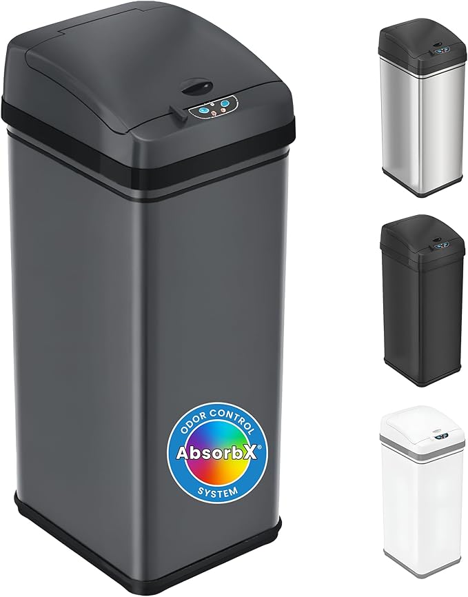 iTouchless 50 Liter / 13 Gallon Kitchen Trash Can with Lid & AbsorbX Odor Filter – Motion Sensor Gunmetal Gray Stainless Steel Garbage Bin for Home, Office, or Garage – Slim, Large Capacity Design