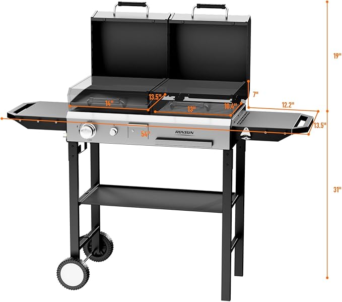 ROVSUN 2-in-1 Propane Gas Grill and Charcoal Grill Combo with Lid, 12000BTU Flat Top Griddle & Charcoal BBQ Grill with Electronic Ignition, Enamel Griddle & Grate for Outdoor Backyard Cooking Barbecue
