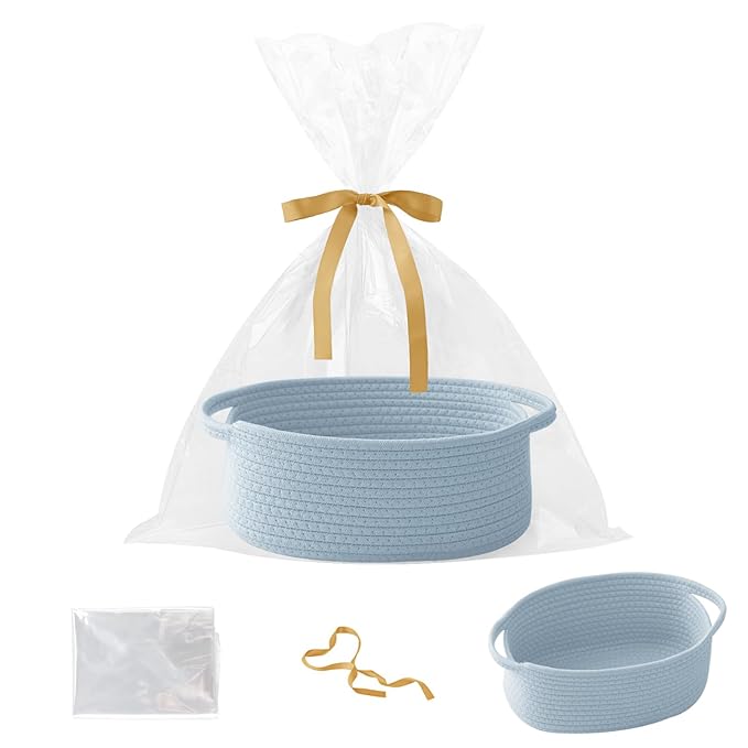 Gift Basket with Gift Bag and Ribbons,Small Rope Woven Shelf Storage,Baskets for Gifts Empty,Birthday,Baby Shower,Decorative Organizer Box with Handles(Blue)
