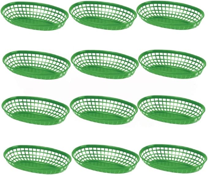 TrueCraftware- 9-3/8" Oval Fast Food Basket Green Plastic Set of 12- Fry Fast Food Reusable Foodservice Restaurant Diner Tray Plates Restaurant Deli Serving Chicken Burgers Sandwiches & Fries