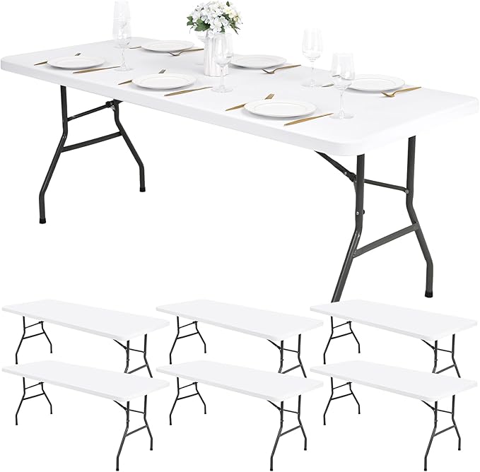 6 Pack Stretch Fabric Table Top Cap Cover, fits 6Ft Tables, Spandex Table Covers Washable Elastic Universal Rectangle Tablecloth Protector for Indoor Outdoor Party Picnic Wedding, White, 30" W x 72" L