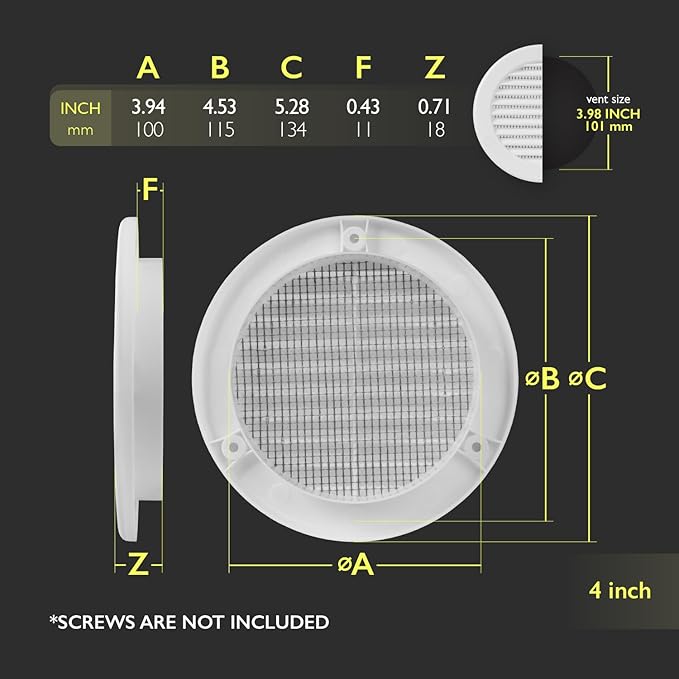 4 Inch [Opening] White Air Vent Cover – Pack of 10 – Plastic Round Air Vent Grill Cover for Wall or Ceiling, Built-in Mesh Screen/HVAC Return Air Register – Modern Louvered Design