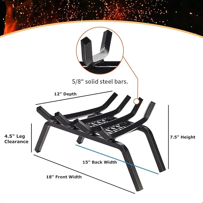 Heavy-Duty Steel Fireplace Grate with Ember Retainer (18 Inch)