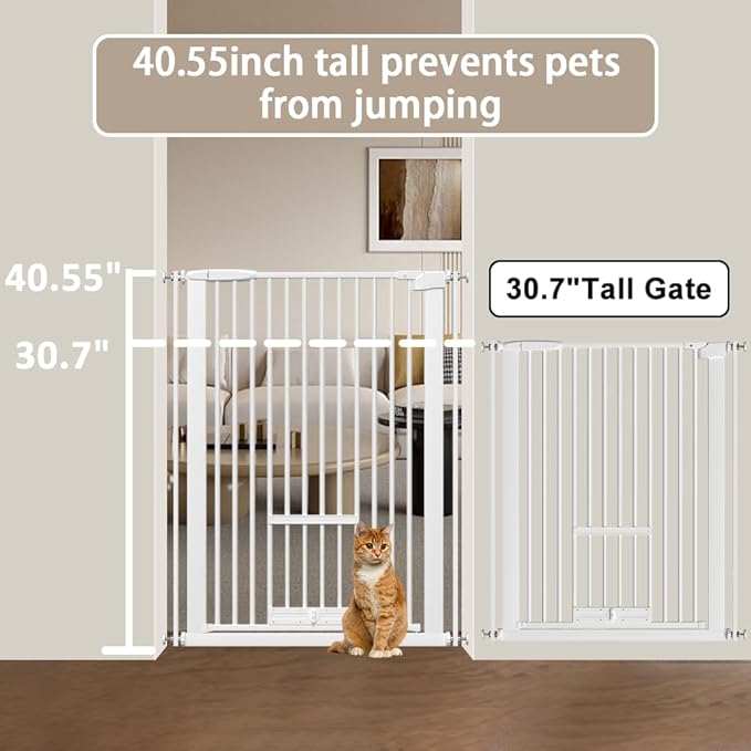40.55" Tall 1.37" Ultra Narrow Spacing 30.12-45.87" Wide Dogs Pets Baby Gate with Cat Door for Doorway Safety Proof Indoor Puppy Pressure Mounted No Drill Black Metal Hallway