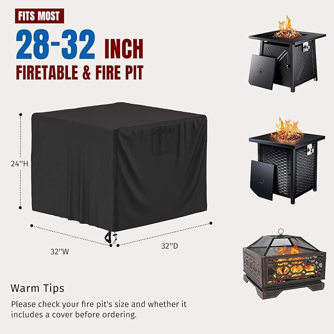 SHINESTAR 32 Inch Fire Pit Cover Square, Fits for 28-32 Inch Outdoor Fire Pit Table, Waterproof Layer & Double Stitching with Windproof Drawstring and Buckle Straps, 32 x 32 x 24 Inches, Black