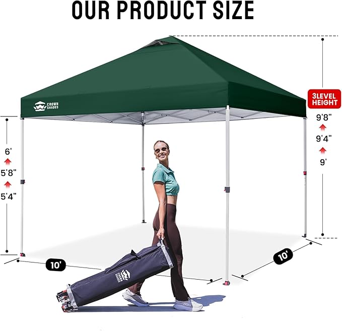 CROWN SHADES 10x10 Pop Up Canopy - Beach Tent with One Push Setup - Easy Outdoor Sun Shade for Events, Parties, Camping - Gazebo with STO-N-Go Cover Bag, Silver Coated Top, Forest Green