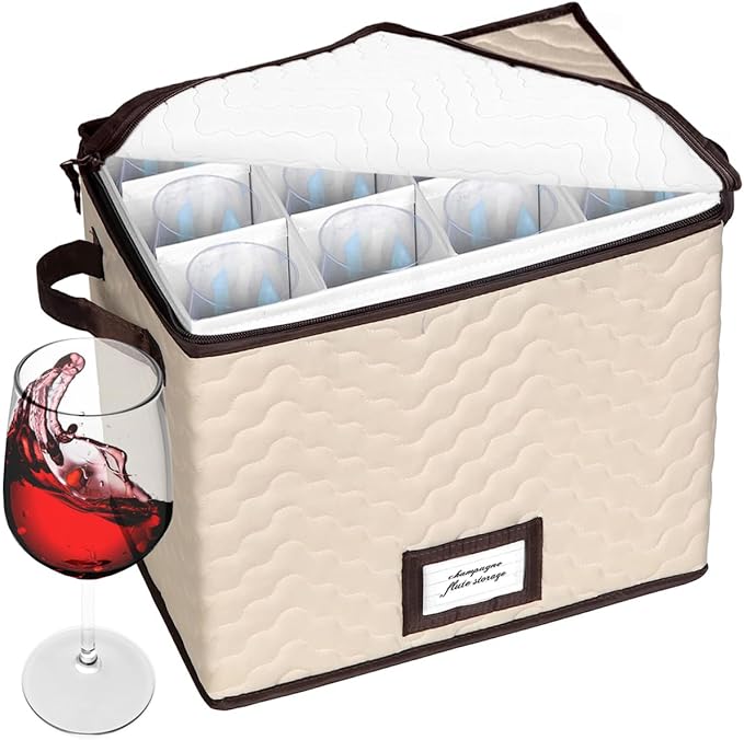 Champagne Flute Storage Boxes with Dividers - Set of 2 - Each Holds 12 Glasses up to 3.75" Wide - Quilted Microfiber Case with Handles - Protects Stemware - Ideal for Champagne & White Wine Glasses
