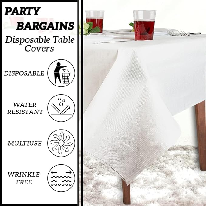 PARTY BARGAINS 40 Disposable Table Covers - 54" X 108", 3 Ply Paper & Plastic White Table Cover