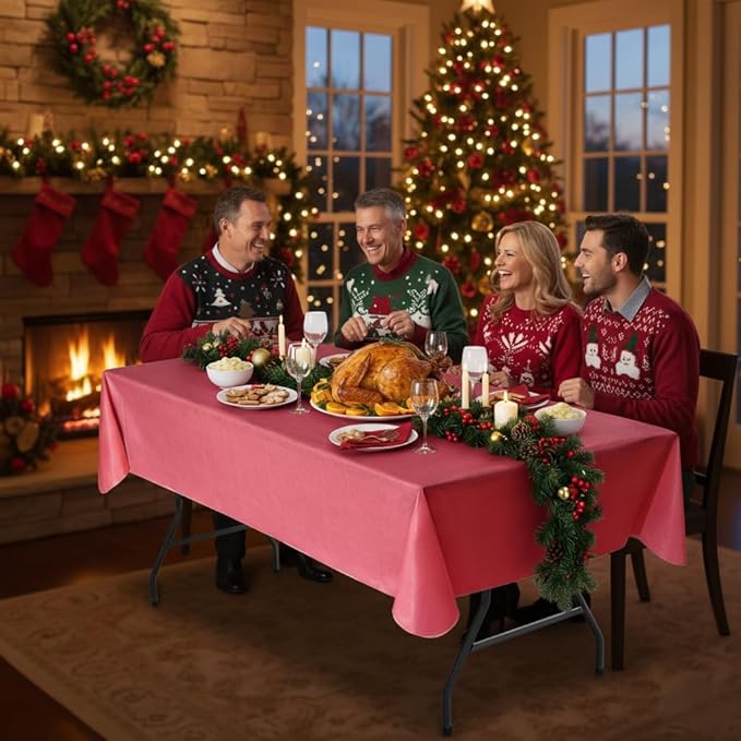 Nasitos 2 Pack Christmas Table Cloth Rectangle 60x102 Inch-Vinyl Red Tablecloth Waterproof Stain Resistant, Plastic Tablecloth for Outdoor Wedding, Festival, Camping, Picnic, Fiesta, Party