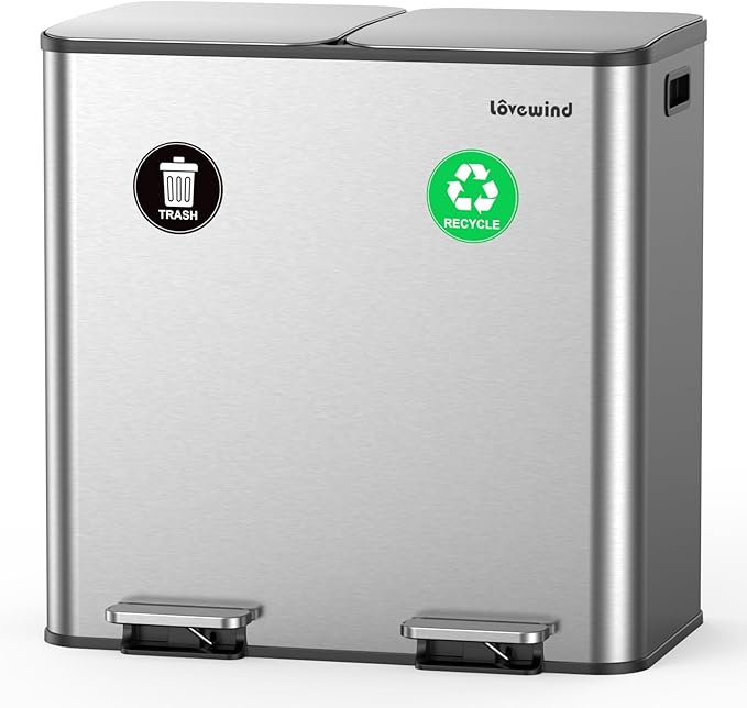 Lovewind Trash Can, 2 x 10.5 Gallon (2 x 40 L) Garbage Can for Kitchen Dual Compartment Recycling Kitchen Step Trash Bin, Stainless Steel Trash and Recycle Bin Combo with Soft-Close Lid, Silver