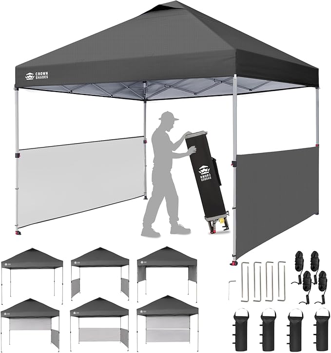 CROWN SHADES 10x10 Pop up Canopy Tent Instant Canopy with 150D Silver Coated Fabric Including 2 Half Sidewalls, 4 Ropes, 8 Stakes, 4 Weight Bags, STO 'N Go Bag, Grid Grey