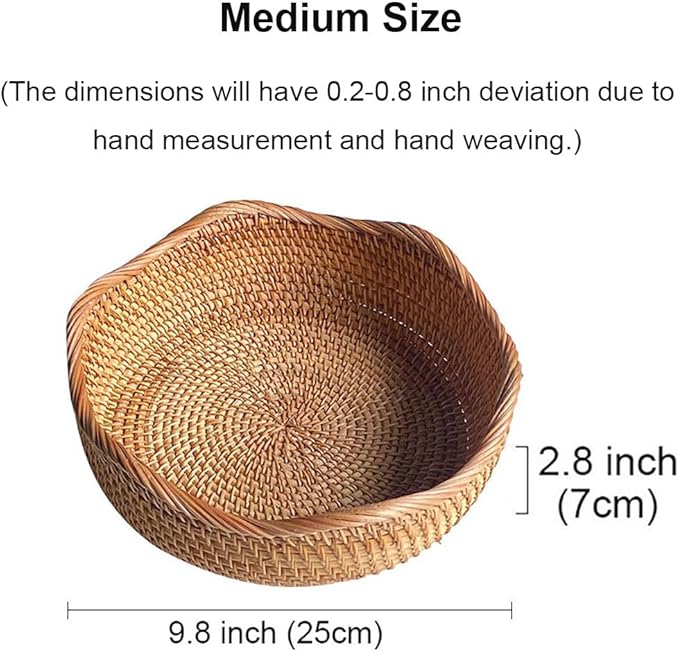 RT&BS Rattan Bread Baskets for Serving, Christmas Food Baskets, Handwoven Fruit Basket for Kitchen, Store, Restaurant, Outdoor, Party (M, Ø9.8 * 2.8'')