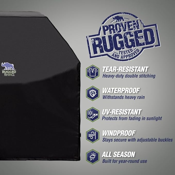 RUGGED RHINO 64 Inch Heavy Duty Grill Cover for Outdoor Grills, All Season Three Layer Waterproof UV Resistant Windproof Gas BBQ Covers, Compatible for Weber Char-Broil Pit Boss Traeger and More Black