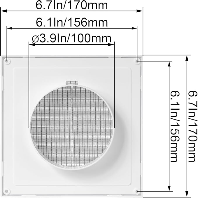 White 4" Inch Ventilation Grille - Inside/Outside use - (Flange 3.9"Ø/Cover 6.7"x6.7") - Air Vent Louver - Exhaust Hood - Available 3 Sizes / 4 Colors, White