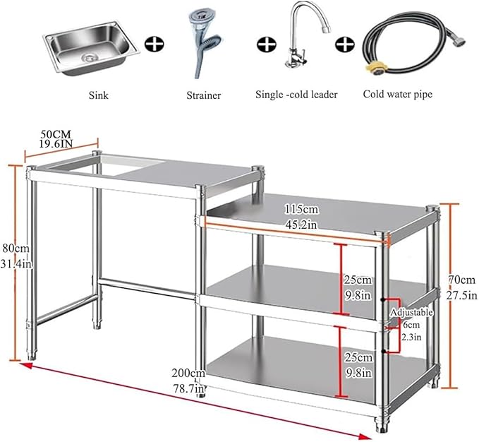 Free Standing Utility Sink, Stainless Steel Kitchen Baker Rack Shelf, Single Bowl Washing Hand Basin Station with Workbench, Fish Cleaning Table &Storage Shelves for Laundry Room, Garage,Outdoor