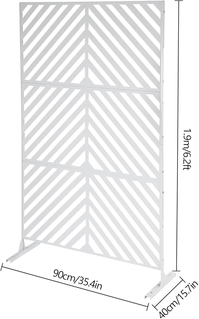 75" H×35" W Decorative Outdoor Privacy Screen with Stand, Outdoor Decor Privacy Fence Screen Metal Fence Panels, Free Standing Metal Divider for Patio Lawn Deck (White-Twill)