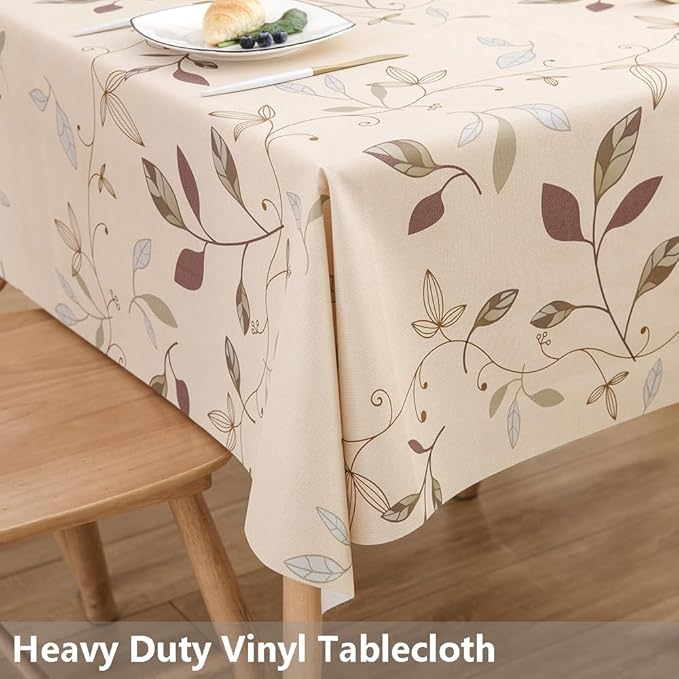 TruDelve Heavy Duty Vinyl Tablecloth Beige Plastic Table Cloth Waterproof Wipeable Oilcloth Tablecloths for Rectangle Tables (54'' x 72'', Leaves)