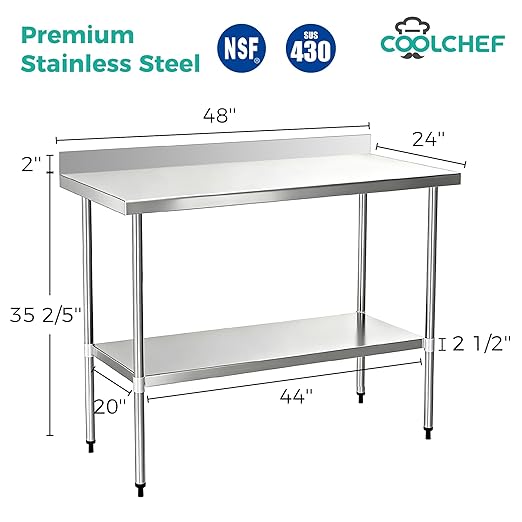 Stainless Steel Work Table 24 x 48 Inch, NSF Commercial Prep Table with Undershelf, Heavy Duty Food Prep Workstation with Backsplash