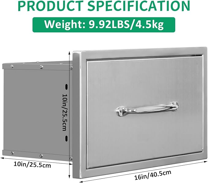 Outdoor Kitchen Drawers 16" W x 10" H x 10" D Stainless Steel Paper Towel Drawers with Ergonomic Handle for BBQ Island, Patio Grill Station & Outdoor Kitchen Cabinets