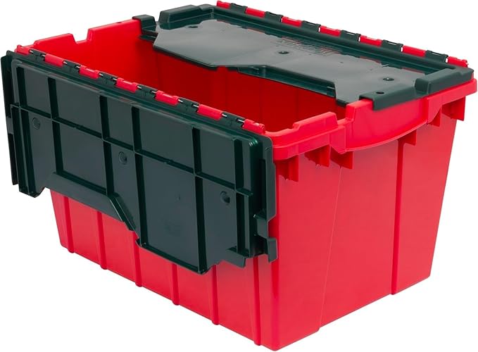 Akro-Mils KeepBox 12 Gallon Storage Container, Nesting and Stackable Plastic Storage Box with Lid Attached, Organizer Tote for Garages, Closets, and Moving, 21-1/2" x 15" x 12-1/2", Red/Green