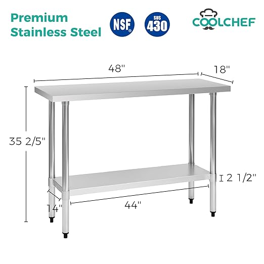 Stainless Steel Work Table 18 x 48 Inch, NSF Commercial Prep Table with Undershelf, Heavy Duty Food Prep Workstation