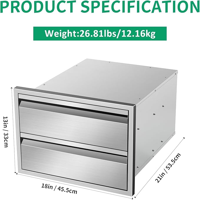 Outdoor Kitchen Drawers 18" W x 13" H x 21" D Stainless Steel Double Drawers with Hidden Handle for BBQ Island, Patio Grill Station & Outdoor Kitchen Cabinets
