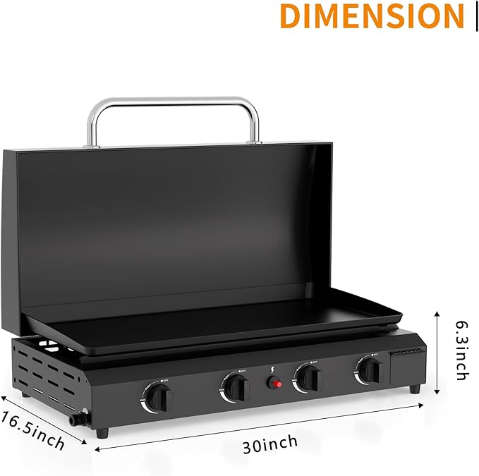 4 Burner BBQ Gas Griddle with Hood, 30 Inch Stainless Steel Portable Detachable Propane Griddle, 60,000 BTU Flat Top Grill with Lid for Camping, Black