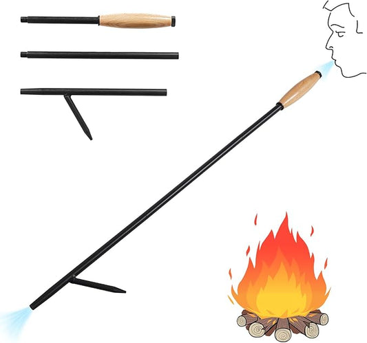 Fire Poker for Fire Pit Outdoor, 38 Inch Extra Long Iron Campfire Poker, 3 Part Assembled Fireplace Poker with Blower Poke and Wooden Handle for Indoor Wood Stove, Outdoor Camping, Bonfires