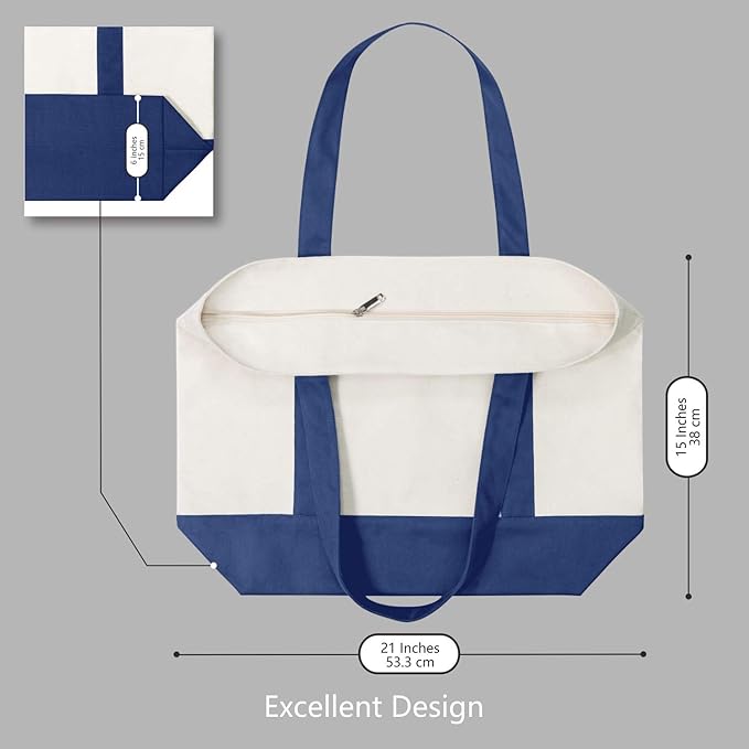 TOPDesign 30-Pack Canvas Tote Bags with an External Pocket, Reusable Grocery Shopping Bags, Top Zipper Closure, Daily Essentials (Blue/Natural)