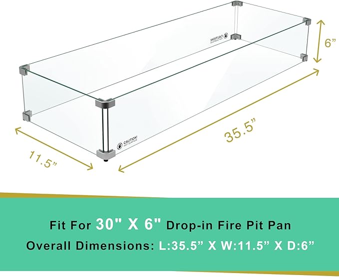 Holy Fire 35.5" L x 11.5" x 6" Rectangle Fire Pit Glass Wind Guard Clear Tempered Glass Flame Protective Pane Wind Resistant - Fits 30”x6 Fire Pit Burner Pan