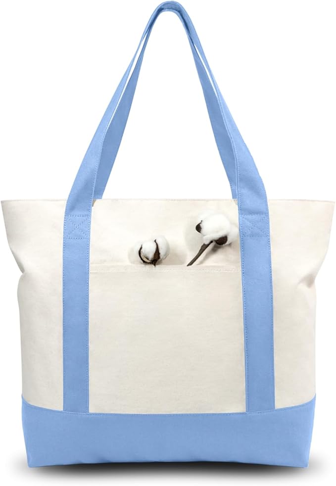 TOPDesign 1-Pack Canvas Tote Bag with an External Pocket, Reusable Grocery Shopping Bag, Top Zipper Closure, Daily Essentials (Light Blue/Natural)
