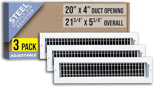 [3 Pack] Fits 20x4 Duct Opening Steel Adjustable Air Supply Grille by Handua | Register Vent Cover Grill for Sidewall and Ceiling | White | Out. Dim.: 21.75" X 5.75"