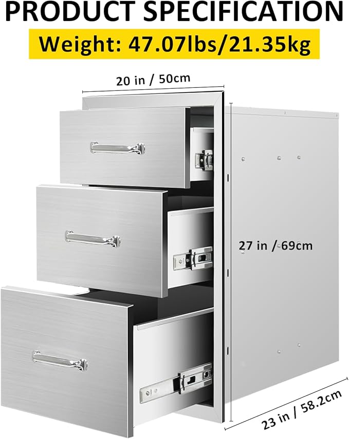 Outdoor Kitchen Drawers 20" W x 27" H x 23" D Flush Mount Triple BBQ Drawers with Chrome Handle Stainless Steel Drawer for Outdoor Kitchen Island, Patio Grill Station