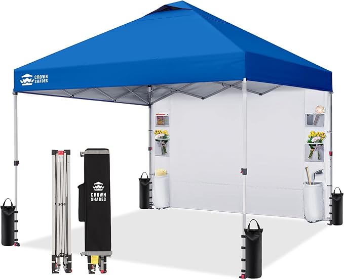 CROWN SHADES Canopy Tent, 10 x 10 Foot Portable Pop Up Outdoor Shelter with Pocket Sidewall, Push Center Lock, UV Protection, and Carry Bag, Blue