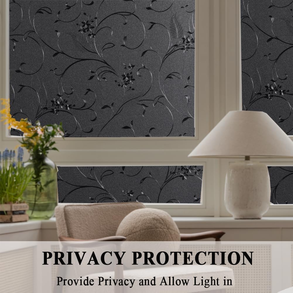 Mikomer Total Blackout Window Film,100% Light Blocking Privacy Glass Door Film Etched Flowers,Room Darkening Window Cling,No Glue/Heat Control/Anti UV for Day Sleep & High Privacy,23.6In. by 78.7In.