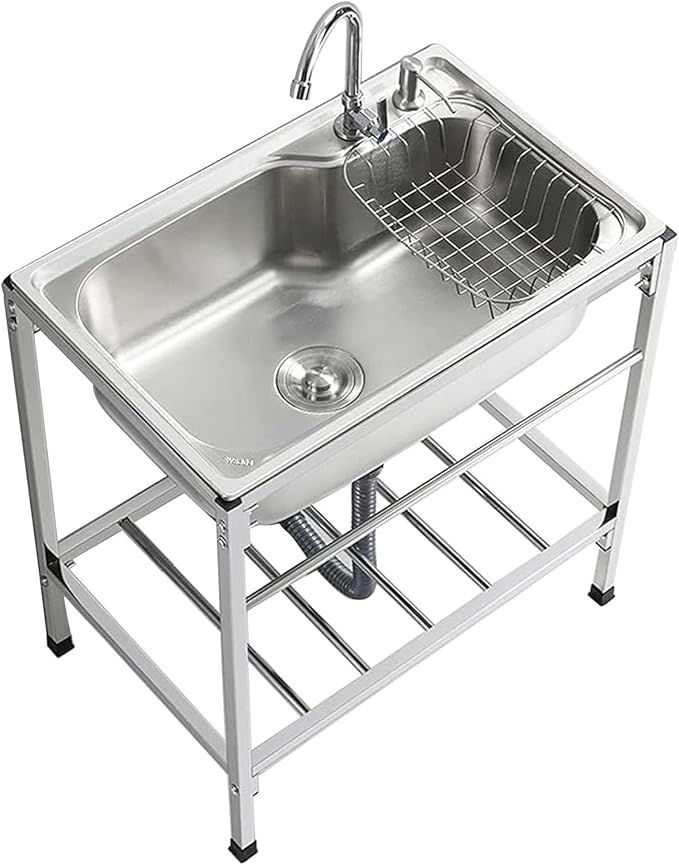 Outdoor Garden Sink Single Trough For Washing, Small Stainless Steel Utility Kitchen Hand Basin Station Sink Tub with Storage Shelve and Faucet, for Restaurant, Bar, Laundry, Garage, Backyard(60*45*80
