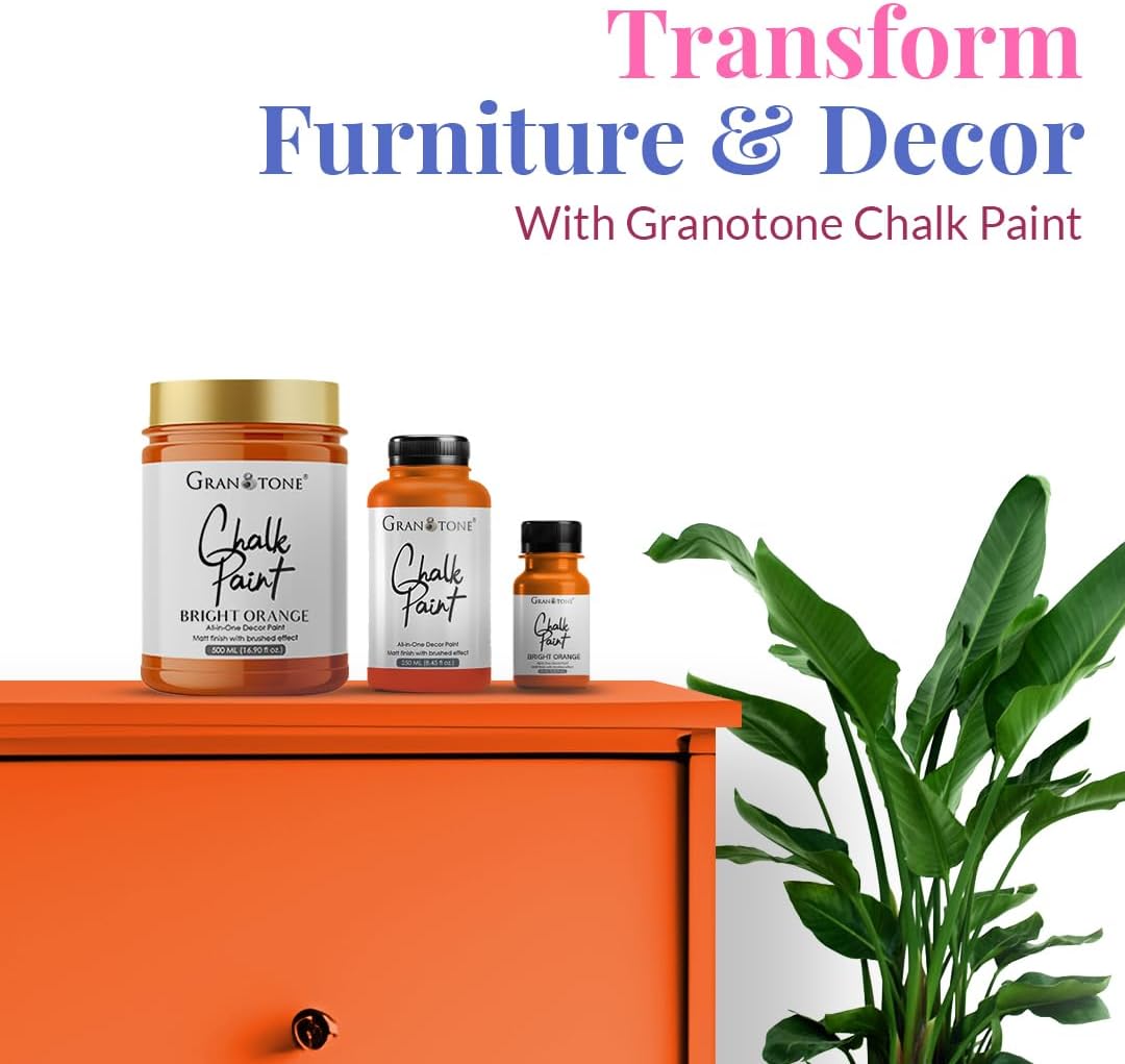 GRANOTONE Chalk Paint for Furniture | Matt-Finish Water-Based Acrylic Paint for Wood, Walls, Metal, Glass, Paper, Fabric Canvas | Maximum Coverage Chalk Paint for Kids & Adults, 250 Ml (BRIGHT ORANGE)