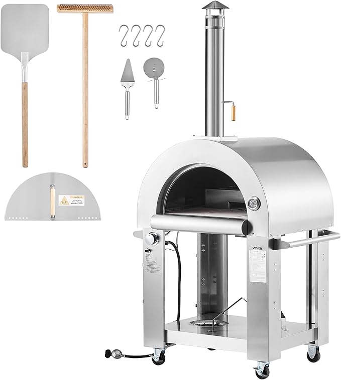 VEVOR Dual Fuel Pizza Oven Outdoor, 26 in Portable Pizza Oven, Pellet & Gas Powered Outdoor Pizza-Maker with Thickened Cordierite Pizza-Stone, Easy to Move with Casters, for Camping and Backyard