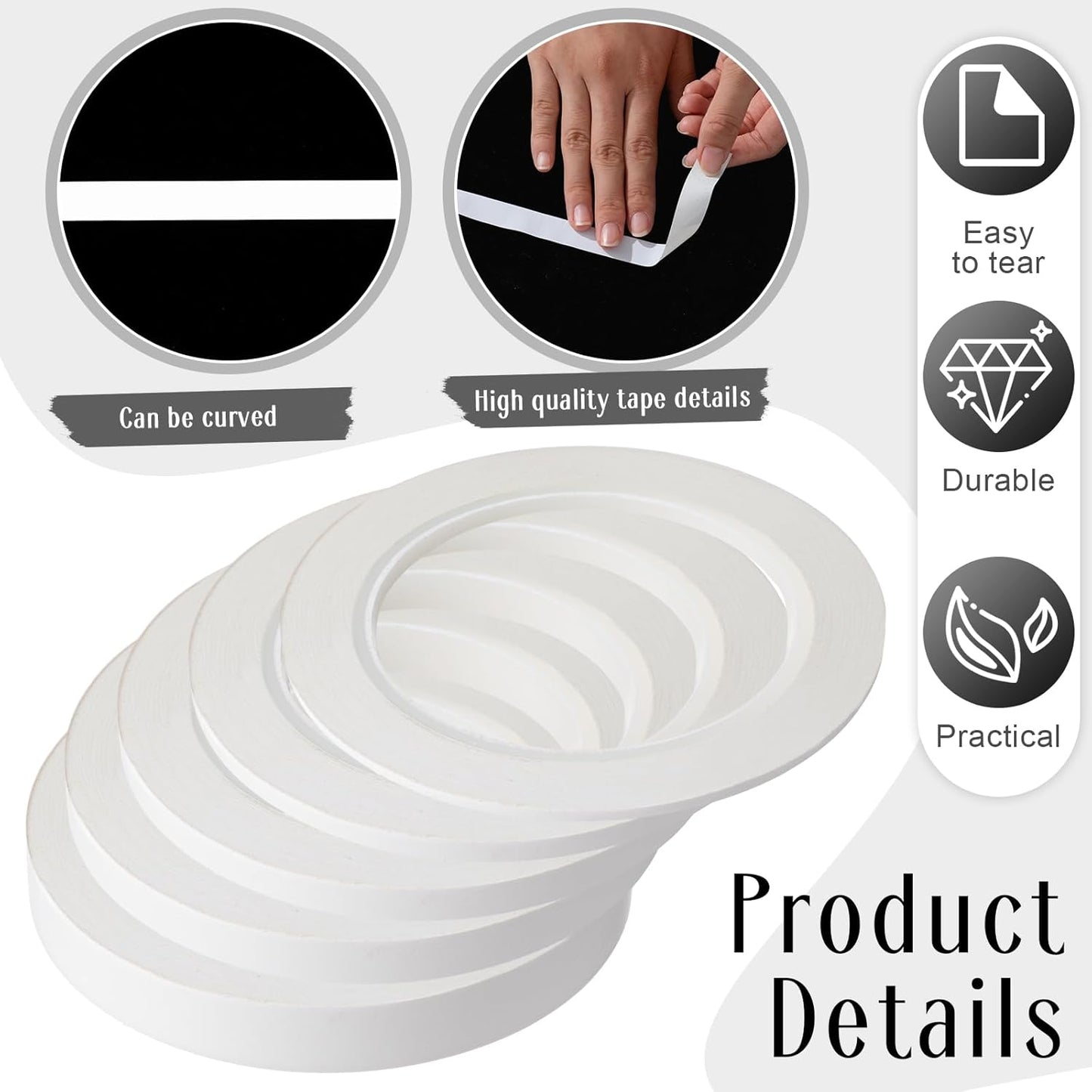 Xuniea 5 Rolls of Vinyl Tape Masking Tape Automotive Car Auto Paint for Curves, High Temperature Vinyl Low Tack(White,1/16, 1/8,1/4, 1/2, 3/4 Inch)